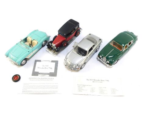 Four diecast vehicles, comprising a Burago Chevrolet Corvette 1957, Burago Alpine A110, Maisto Jaguar MkII, and a Franklin Mi