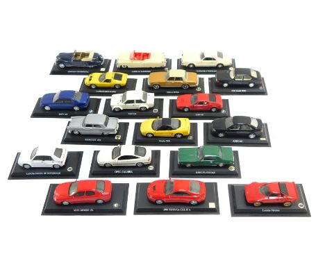 A group of diecast collector's cars, each on a black plastic plinth, to include Cadillac, BMW, 1989 Saab, Lambourghini, Linco