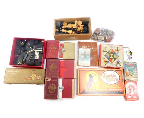 Vintage toys and games, Beetle Drive, What a Turret guide, Lexicon card games, wooden blocks, chess set, etc. (1 tray)