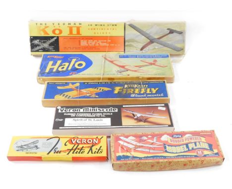 Aviation toys, comprising Flying Rubber Powered Model Plane, a Veron Tru-Flite kit, Keil Kraft Firefly stunt model, a Veron M