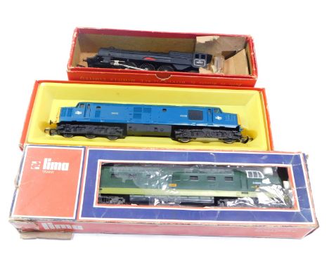 Three OO gauge railways, comprising Lima Trains buffet car, a Tri-ang Hornby Inter-City electric diesel Co-Co locomotive R751