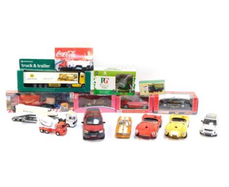 A group of diecast vehicles, play worn, comprising PG Tips model, Coca Cola truck, Maisto Super Edition, Majorette Mercedes 5