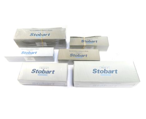 Six World of Stobart diecast vehicles, 1:76 scale, to include Scania Highline curtainside Stobart Power, Class 66411, and oth