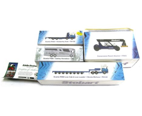 Four Eddie Stobart diecast vehicles, 1:76 scale, comprising Scania R560 low cab and low loader Nicola Melissa RV232, Scania R