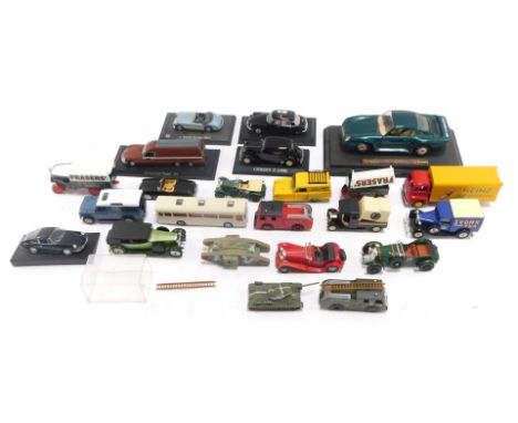 Diecast vehicles, play worn, armoured trucks, Porsche, Citroen, advertising trucks, etc. (2 trays)