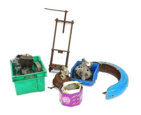 A Bantam BSA Motorcycle wheel arch, various engines, automobile parts, etc. (3 boxes)