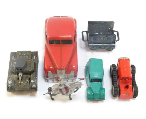 A small group of tin plate vehicles, comprising a Mettoy red car, tank, tractor, etc. (1 box)