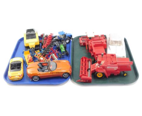 Diecast cars and agricultural vehicles, to include a Maisto Dodge, 1:18 scale, Motor Max Porsche 911 Turbo, New Holland combi