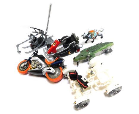 Action Man vehicles, comprising Moon Buggy, Go-Kart, Motorbike, Ski, Alligator Bad Guy, and Wolf. (1 box)