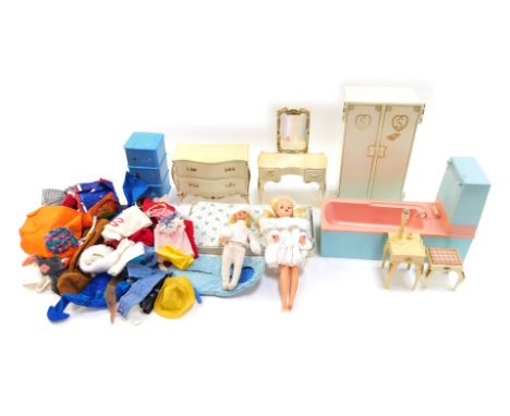 Sindy accessories, comprising wardrobe, bath, dressing table set, trunk and clothing. (a quantity)