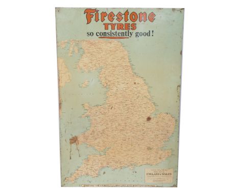 A Firestone Tyres road map sign, of England and Wales, 86.5cm x 55cm.