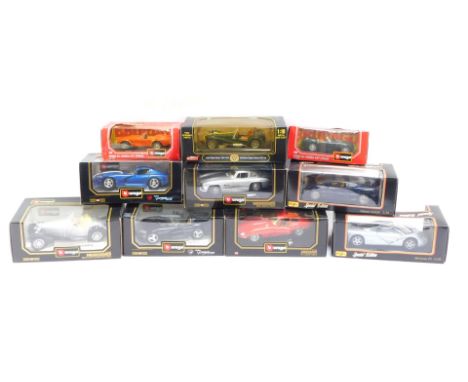 Burago and Maisto model cars, 1:28 scale, comprising Dodge Viper GTS Coupe, Mercedes Benz 300SL 1954, Ford AC Cobra 427 (1965