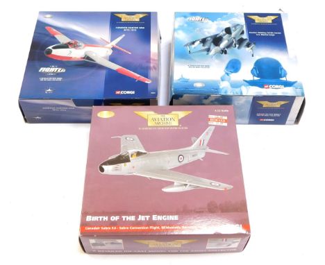 Three Aviation Archive diecast aeroplanes, comprising Hawker Hunter MK6, Birth of Jet Engine Canadair Sabre F4, and a Hawker 