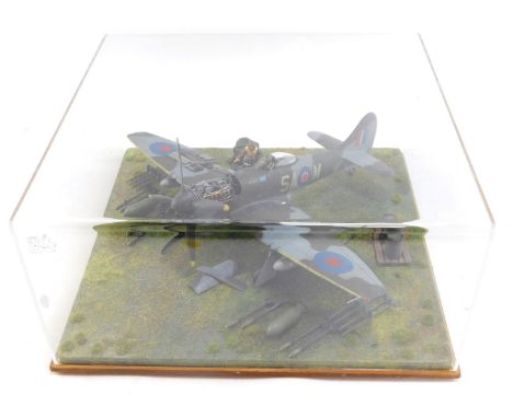 A diorama model of a Westland Whirlwind aircraft, 1:32 scale, in perspex case, 20cm high, 39cm wide, 38cm deep.