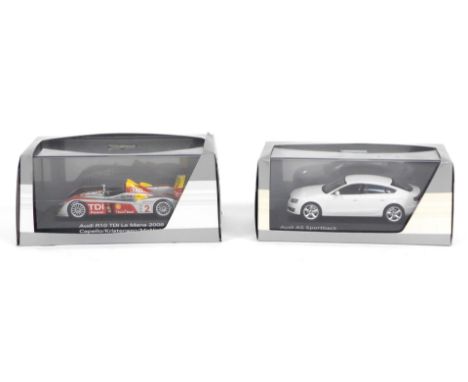 Two Audi Collection models of the R10 TDI Lamon 2008, and A5 Sportback Quattro 1:43 scale, boxed.  (2)