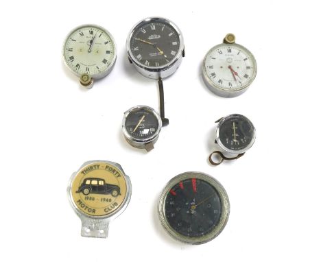 A group of automobile dials, French marked, oil gauges, a British Jaegar eight day gauge, and a 3040 Motor Club 1930-40 car b