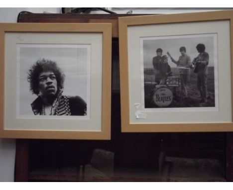 2 Framed photographs, Jimi Hendrix and The Beatles