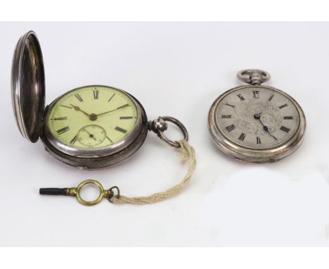 A Victorian silver engine turned case hunter pocket watch, Chester 1880, the white enamel dial with Roman numerals and subsid