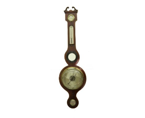 An early 19th century mahogany boxwood and ebony strung wheel barometer, thermometer and hygrometer, with silvered dials and 