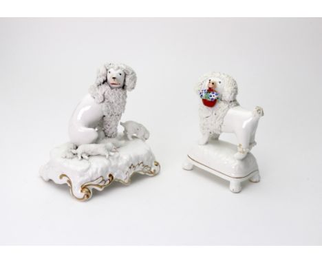 An English porcelain figure of a standing poodle with a basket of flowers in its mouth, circa 1830-45, having a frit decorate