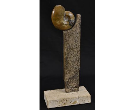 Fodan (20th century), a ceramic and fossil sculpture, Abstract Composition with Ammonite, signed, rectangular base, 34cm high