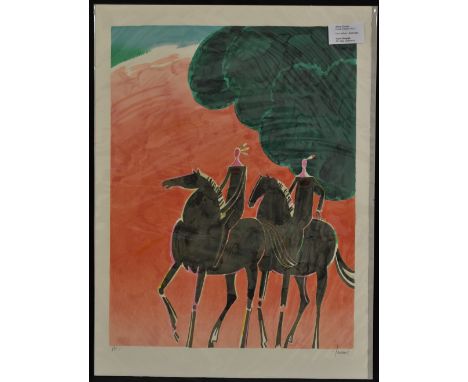 Albert Zavaro (b.1925), Deux Indians (fond rouge), signed and inscribed in pencil to margin, lithograph, 76cm x 56cm