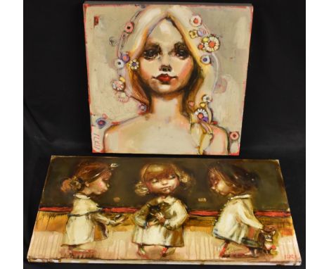Elena Ilku (Bn.1962)Little Miss Sunshinesigned, inscribed to verso, oil on canvas, 41cm x 41cm; another, Playing in the Sand,