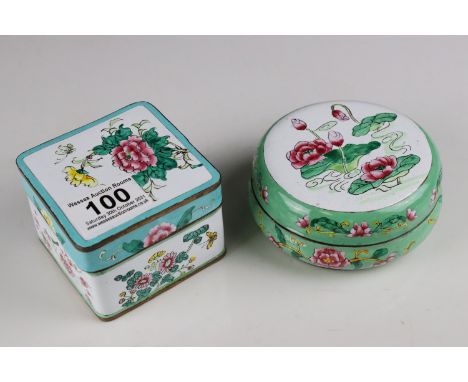 Two Chinese Enamel Famille Rose Lidded Boxes, one circular and one square, both decorated with flowers, circular box 11cms di