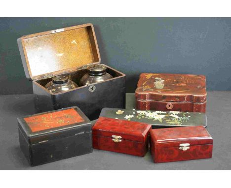 A collection of six lacquered boxes including a Japanese tea caddy with two fitted containers (A/F). 