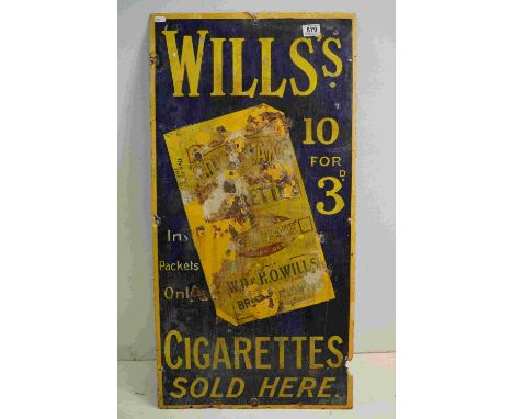 A vintage Wills cigarettes enamel sign, measures approx 92cm x 46cm 