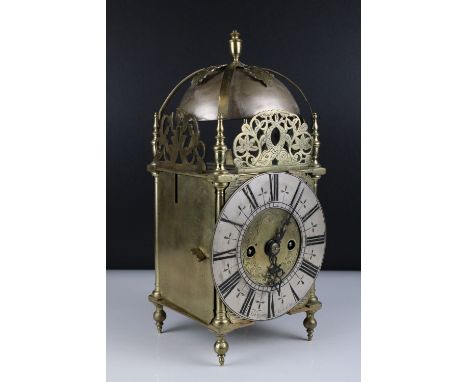 Brass Cased Lantern Clock, Twin fusee 8 day movement, the 17cm silvered chapter ring with Roman numerals and etched Tho. Trig