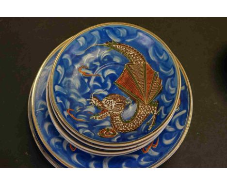 A Vintage Japanese Blue Brown China Moriage Hand-painted Dragon Ware Kutani tea service. 