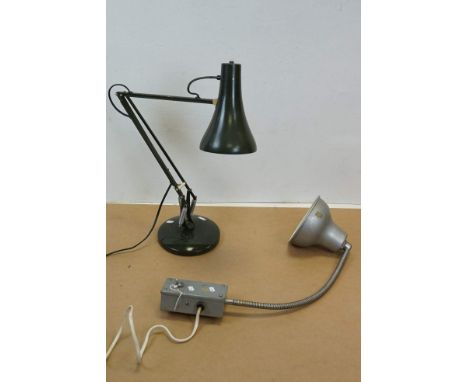 A vintage Herbert Terry green angle poise desk lamp together with another lamp. 