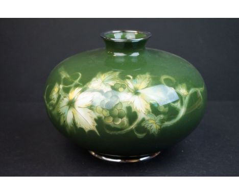 Japanese Cloisonne Enamel Squat Vase, Ando Jubei style, the green body with leaf and vine decoration, marked to base, 17cms h