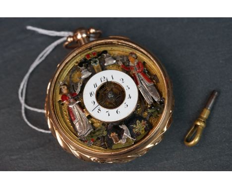 A 19th Century French skeletonised Automaton quarter repeating pocket watch in a gold open faced case, marked K18 to the inne