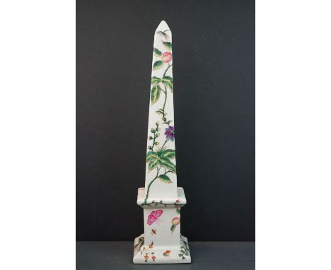 Hand painted Chinese ceramic obelisk with red square mark to bottom, decorated with butterflies &amp; insects 