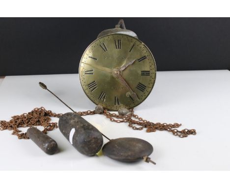 Early 19th century ' Whitehurst &amp; Son of Derby ' Hook and Spike Alarm Clock, the 15.5cm brass face with Roman numerals, s