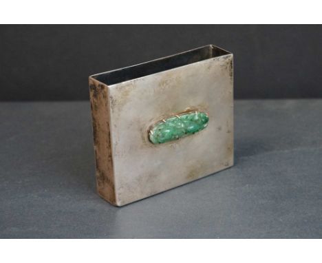 A vintage Sterling Silver matchbox holder with fixed jade panel carved with two birds among foliage. 