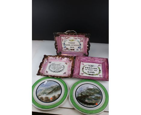 Three 19th century Pink Lustre Sunderland Square Plaques, largest 23cms long together with a Pair of 19th century Ceramic Cir