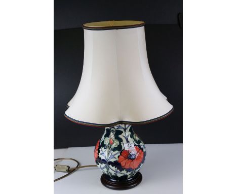 Moorcroft Table Lamp in the Red Poppy design, 34cms high, with shade 