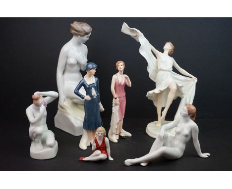 Seven ceramic figures to include Royal Worcester "Spirit of the Millennium" (limited edition 90/950), Two Goebel Art Deco lad