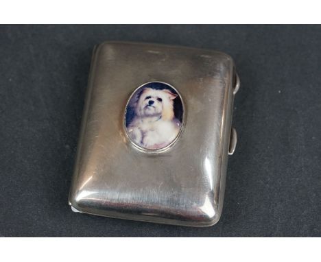 Silver case with enamel oval image of a dog 