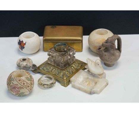 A group of mixed collectables to include ceramic spill holders, a glass inkwell with brass base, an onyx ashtray, a brass box