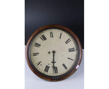 19th century Mahogany Cased Circular Wall Clock with Roman numerals and single winding hole, 37cms diameter 