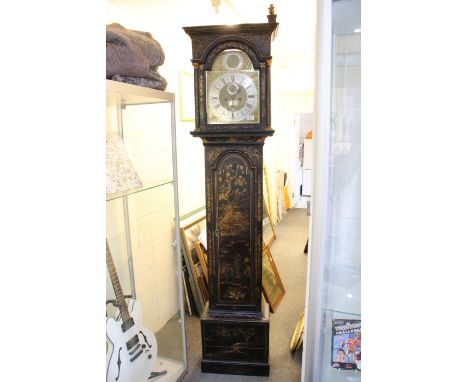 Late 18th / 19th century Black Lacquered 8 day Longcase Clock, the case with gilt chinoiserie decoration, the arched brass to