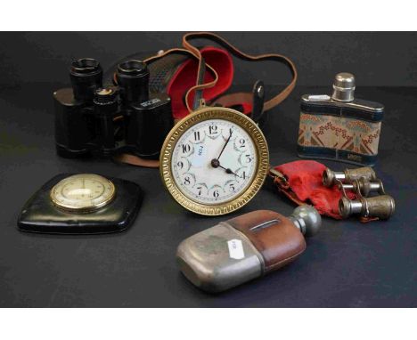 A box of mixed collectables to include binoculars, Liberty hip flask, opera glasses, clock movement and a barometer. 