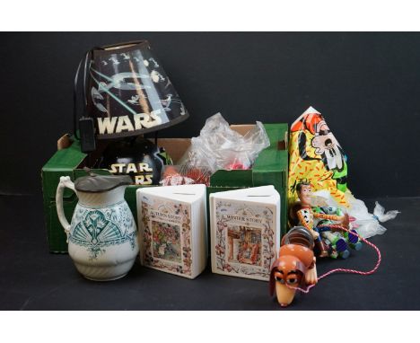 A box of mixed collectables to include McDonalds Happy Meal toys, a Star Wars lamp, Two Royal Doulton Bramley Hedge money box