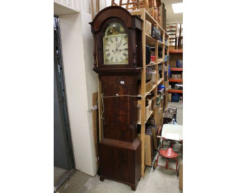 19th century Mahogany 8 day Longcase Clock, the arched painted face with Roman numerals, seconds dial and date aperture, mark