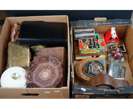 A large group of mixed collectables contained within three boxes to include advertising ice bucket, cribbage board, brassware