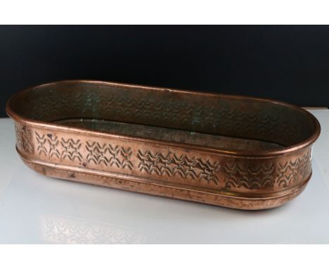 Large Antique Copper Planter with oval ends and etched pattern to sides, 60cms long 